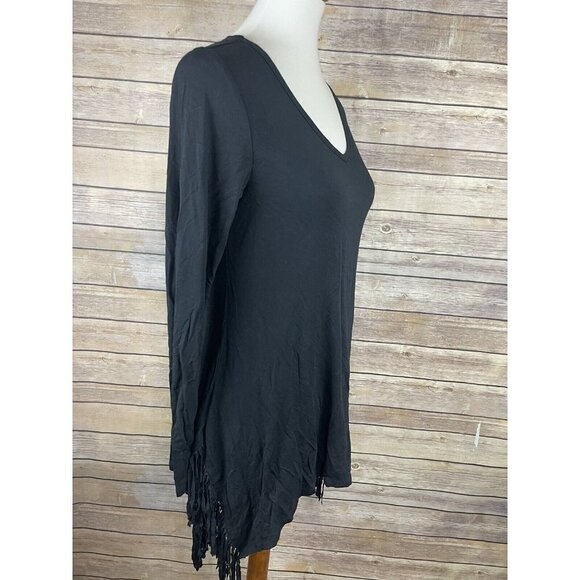 Chelsea Theodore Small Tunic Blouse Fringed Black Asymmetric Solid Long Sleeve - Picture 8 of 11